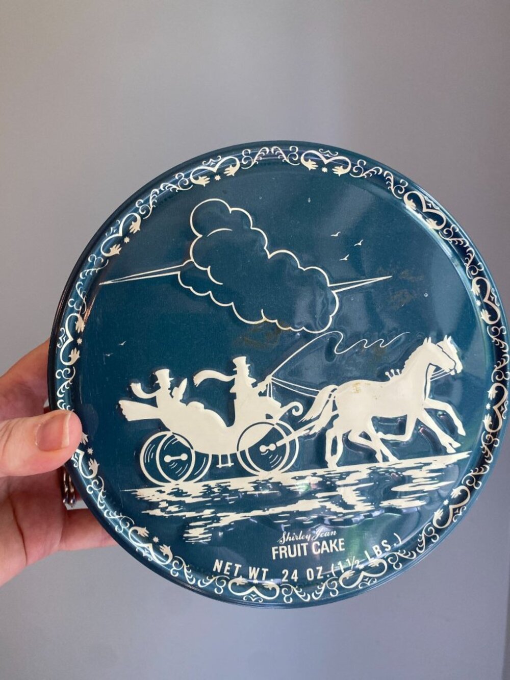 Shirley Jean Vintage Fruit Cake Tin With Horse Carriage Design Blue & White 24 O